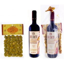 Dárkový balíček červené víno Vin de Crete se zelenými olivami Dárkový balíček červené víno Vin de Crete se zelenými olivami